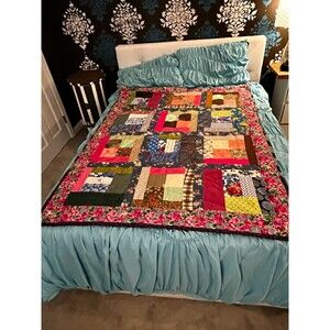 Handmade Patchwork Cat & Floral Quilt Multicolor Cotton 60x49 Country